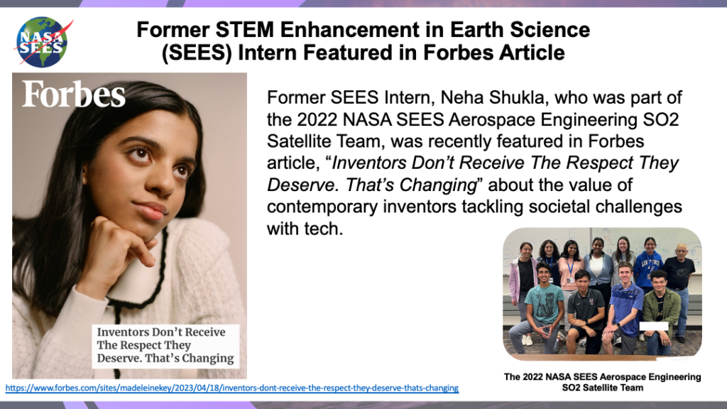 Image of Neha Shukla posted in Forbes magazine with text and a group photo showing students from the 2022 NASA SEES Aerospace Engineering SO2 Satellite team.